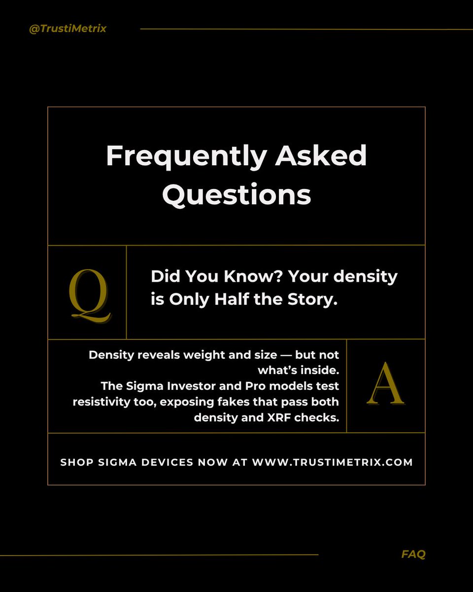 trustimetrix's tweet image. Looks real. Feels real. Isn’t.
Sigma testing measures density and resistivity to expose what other tools miss.

Your scale checks the outside. Sigma checks the truth. 

#TrustiMetrix #SigmaMetalytics #SafeAccurateTrusted #GoldVerification #BullionTools #PreciousMetals #GoldTester