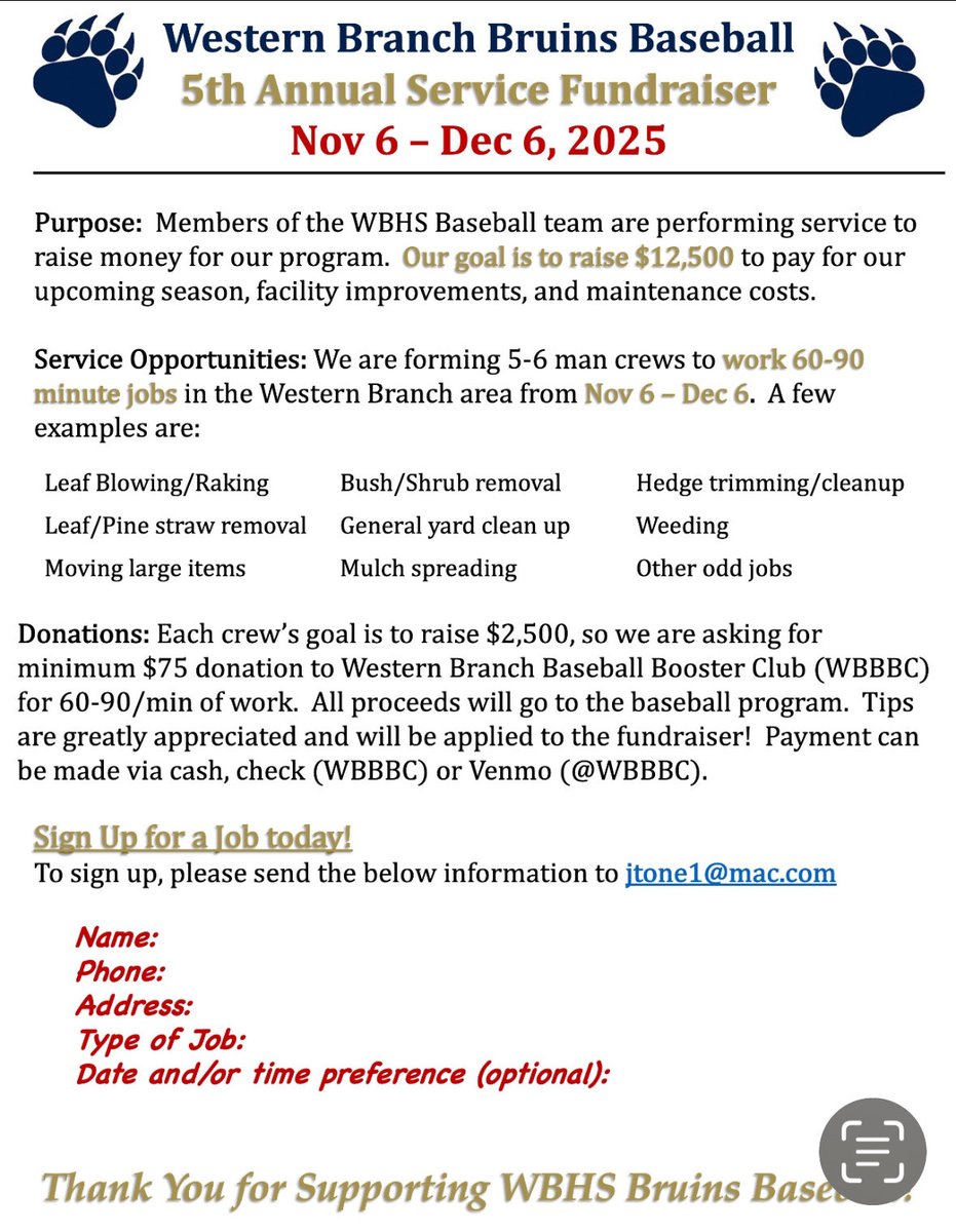 It’s that time of year again. Hurry to reserve your spot. Spots are limited and will go fast. Help WB Baseball with their annual community service fall project