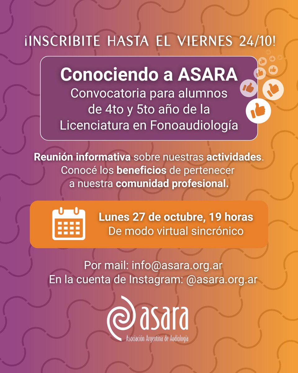 👉 ¿Estás en los últimos años de la carrera de Fonoaudiología y te interesa formarte en el área de la Audiología?

👂 Sumate al encuentro “Conociendo a ASARA” y conocé los beneficios de formar parte de nuestra comunidad profesional

📝 Inscribite acá👇
forms.gle/Eud6Dbechb5Lkk…
