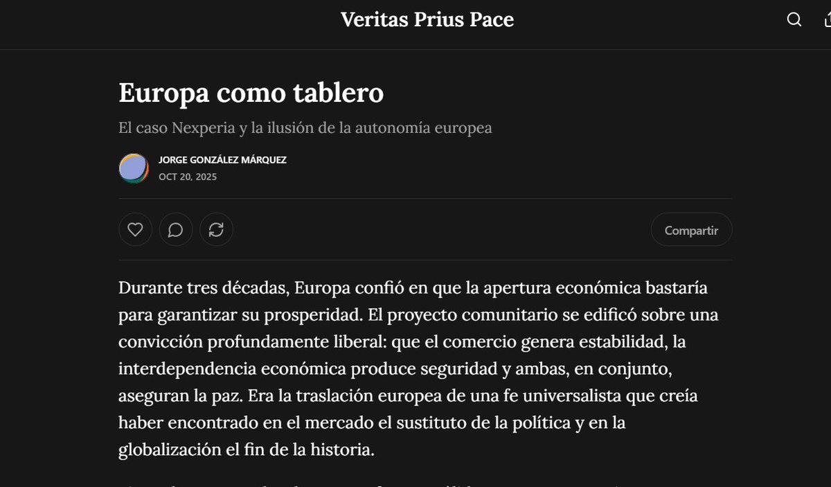 delamopablo's tweet photo. Da en el clavo @LoboEBW: "Europa, que durante siglos creyó estar en el centro de la historia, hoy ocupa su periferia. Ha perdido la iniciativa por una combinación de complacencia e ingenuidad estratégica".
https://t.co/kyfFDzAlmF https://t.co/A3cDJisWes