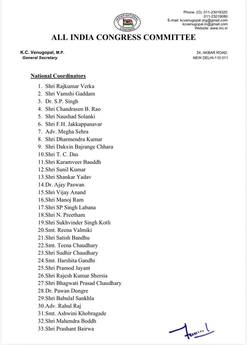 INCSandesh's tweet photo. Hon'ble Congress President has approved the proposal for the appointment of National Coordinators of the AICC SC Department, as enclosed, with immediate effect. https://t.co/kcRaXOMTNX