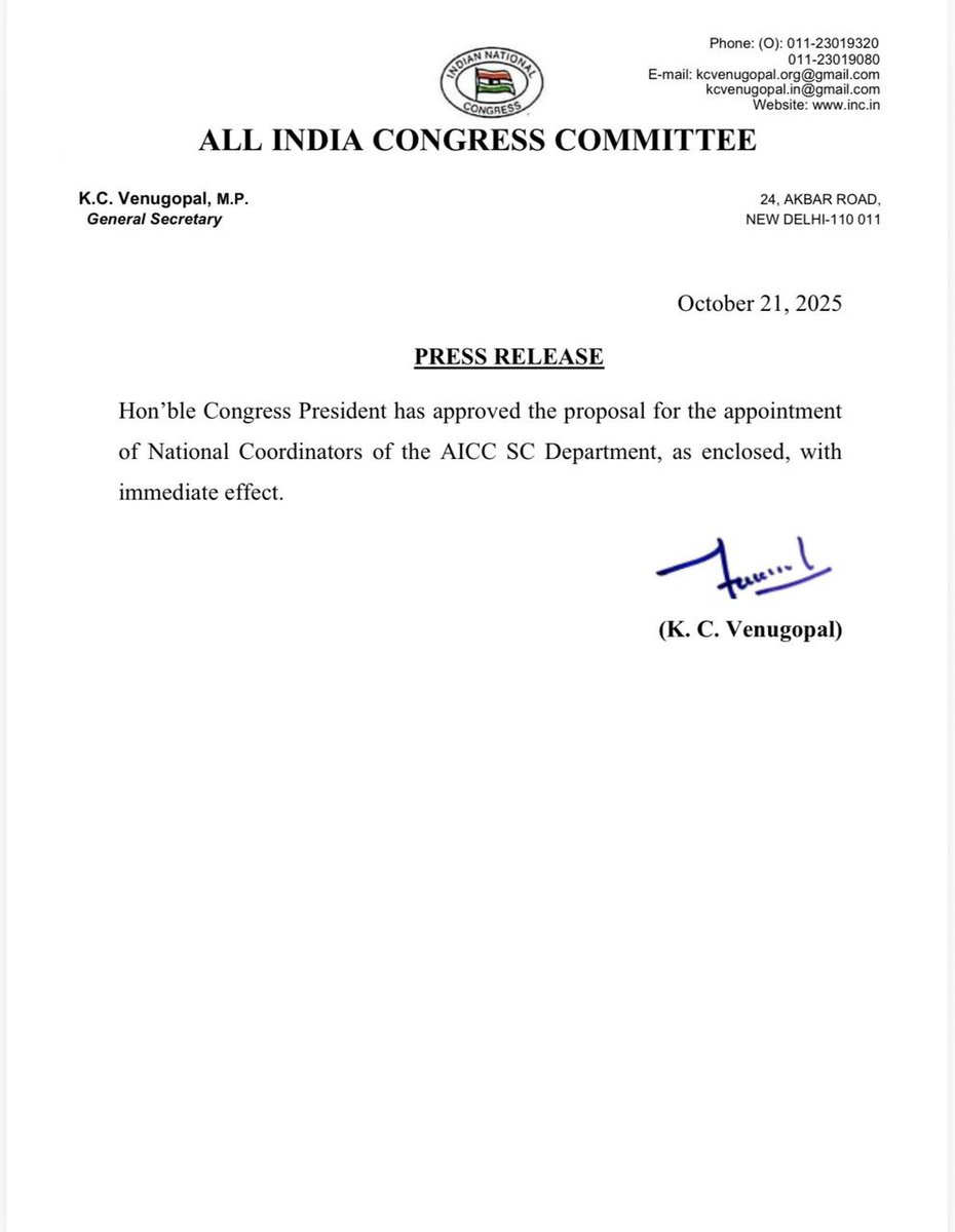 INCSandesh's tweet photo. Hon'ble Congress President has approved the proposal for the appointment of National Coordinators of the AICC SC Department, as enclosed, with immediate effect. https://t.co/kcRaXOMTNX