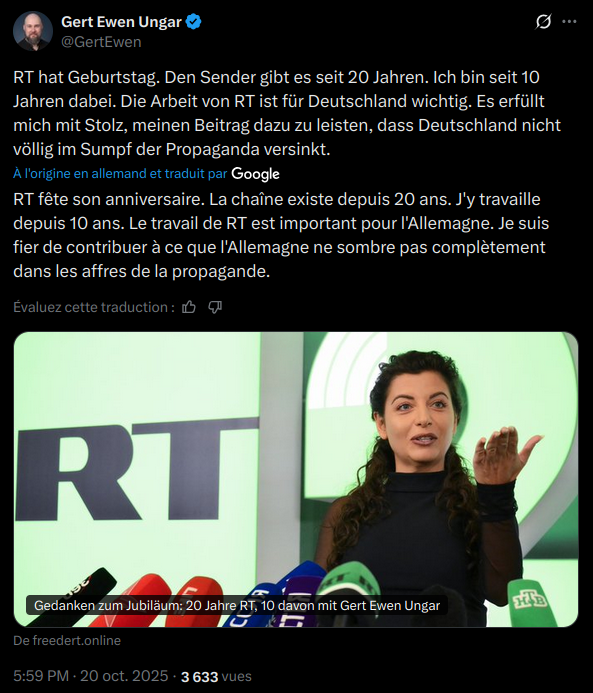 HannahStasi's tweet photo. 🇷🇺20 ans de #RT 1/ En complément de ces deux 🧵, j'y vais de mes ajouts. On commence avec les Allemands🇩🇪. Gert Ewen #Ungar tout d'abord, qui y bosse depuis 10 ans et héberge un miroir de RT Deutschland. 👉 https://t.co/JS98kzzF5a https://t.co/9vtNwYi82a