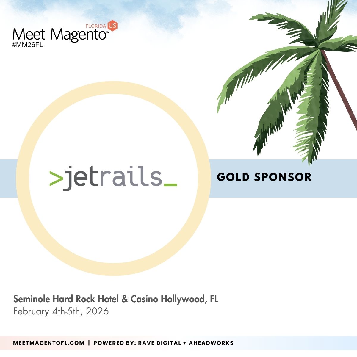 🏆 We are excited to welcome JetRails (<a href="/JetRails/">JetRails</a>) as a Gold Sponsor for Meet Magento Florida 2026! 🏆

🦜 Don’t miss your chance - save up to 74% on group passes! ➡️ bit.ly/buy-mm26fl-pas….
--
<a href="/ravedigitalus/">Rave Digital</a> + <a href="/Aheadworks/">Aheadworks</a>

#RaveDigital #Aheadworks #JetRails #MM26FL
