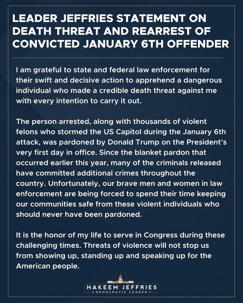 RepJeffries's tweet image. My statement on the most recent credible death threat against me.