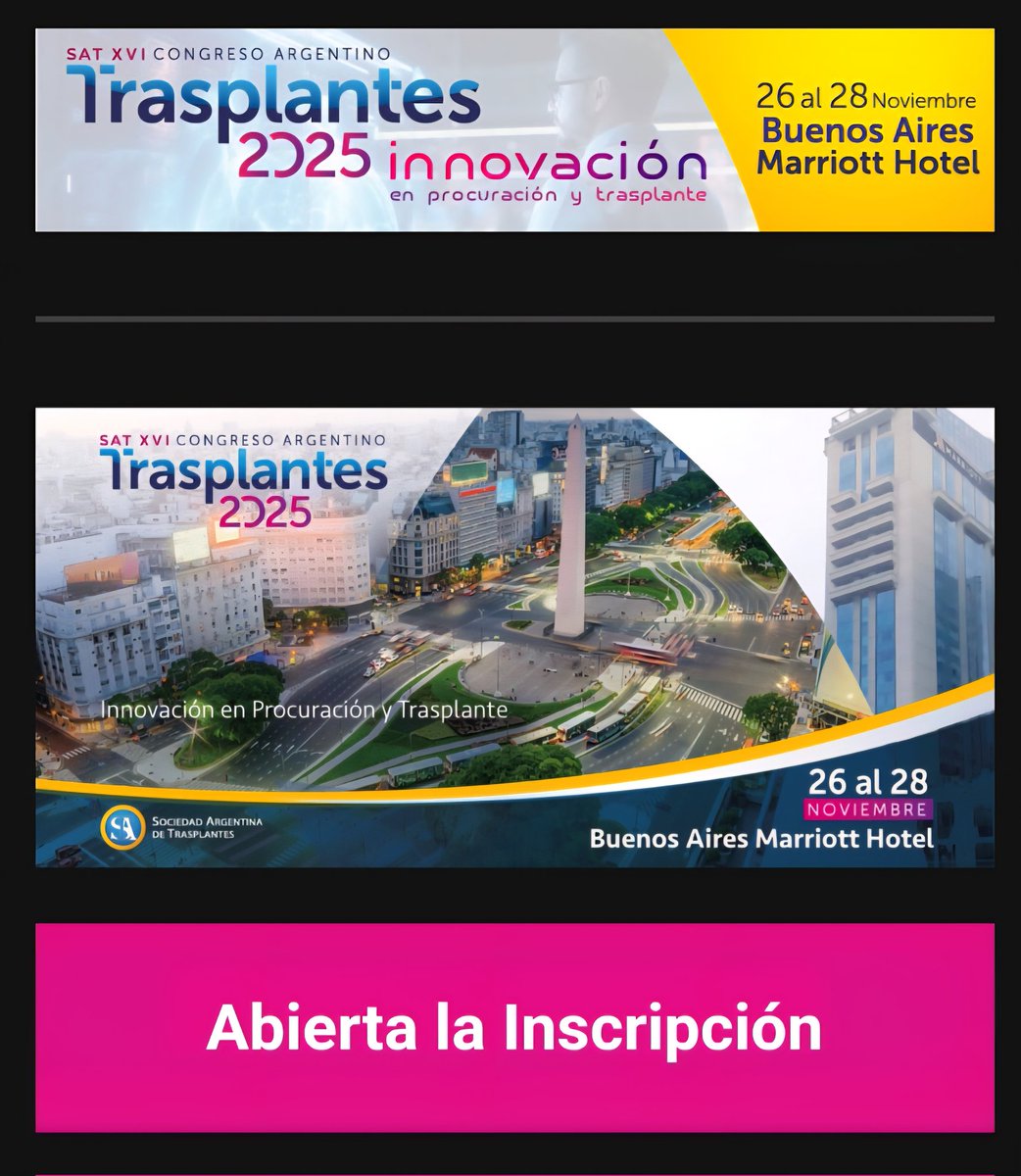 Estimados Colegas y Amigos
 
Ya se encuentra abierta la inscripción al XVI Congreso Argentino de la <a href="/satxarg/">SAT</a>, bajo el lema: Innovación en Procuración y Trasplante de órganos y tejidos, que se celebrara en Buenos Aires.

Los esperamos!