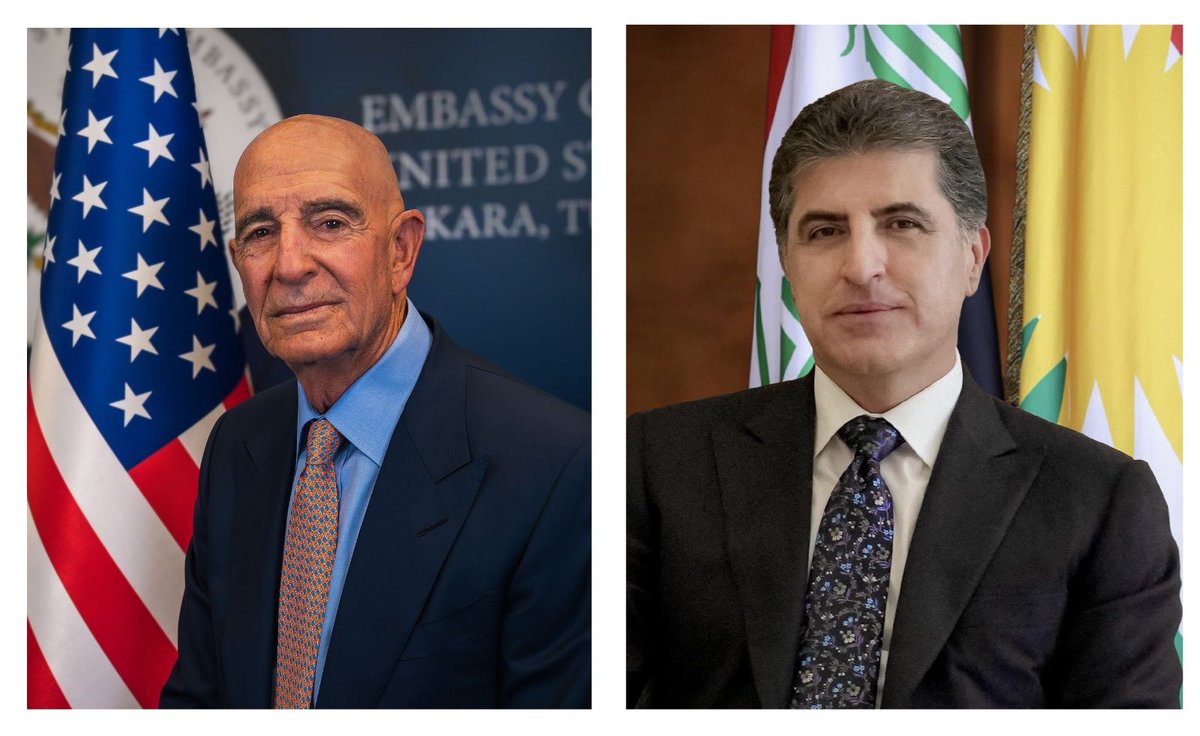 President Nechirvan Barzani spoke with Ambassador/Special Envoy Barrack <a href="/USAMBTurkiye/">Ambassador Tom Barrack</a>.

🔘 Both emphasized importance of dialogue for addressing regional challenges peacefully.

🔘 The Ambassador appreciated President’s constructive role &amp; support for regional peace &amp; stability.