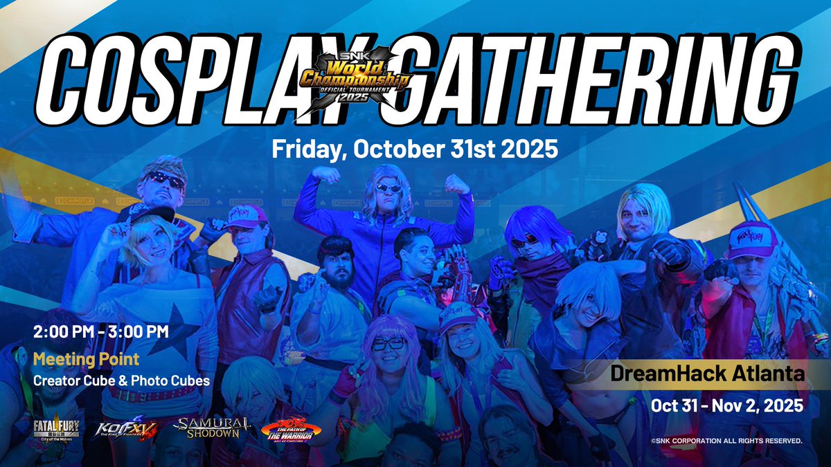 snk_esports_hub's tweet image. Join us for the official SNK Cosplay Meet-Up at the #SWC2025 at @DreamHack Atlanta! Bring your best from our titles and celebrate the world of SNK with fellow fans and creators.
🗓️ Friday, October 31st, 2025
🕑 2:00PM - 3:00PM (EDT)
📍 Creator Cube & Photo Cubes