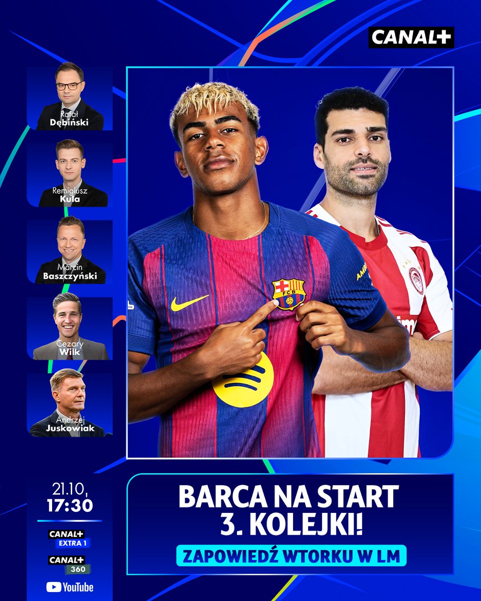 CANALPLUS_SPORT's tweet photo. Mocny początek w postaci meczu @FCBarcelona, a później wcale nie zwalniamy... Trzecia kolejka Ligi Mistrzów UEFA zapowiada się wyśmienicie 😉

Ale najpierw specjalne studio przed dzisiejszymi meczami w składzie Rafał Dębiński, @RemigiuszKula, Marcin Baszczyński, @WilkaPilka i Andrzej Juskowiak ⚽

📺 Oglądamy od 17:30 w CANAL+ EXTRA1 i na YouTube: https://t.co/LfWZ1Njkvp