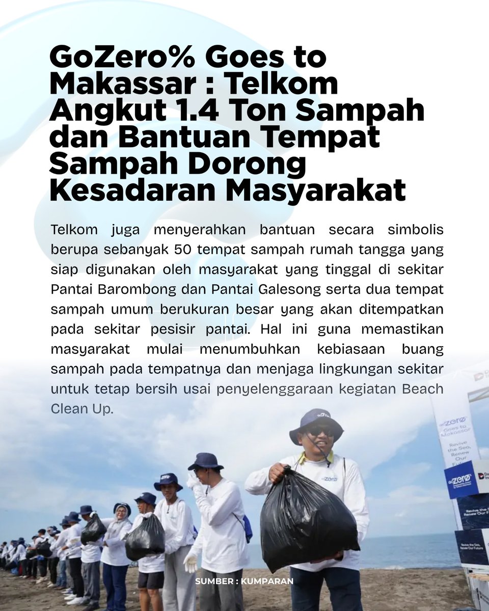 NUpdatehot's tweet photo. Aksi nyata untuk bumi 🌍
Telkom Indonesia lewat program GoZero% Goes to Makassar berhasil kumpulkan 1,4 ton sampah dari kegiatan bersih pantai.
Langkah kecil, dampak besar untuk lingkungan lebih bersih dan lestari.
#berita #telkomforyou #telkomindonesia #gozerotelkom #makassar https://t.co/COVv8e3kOH