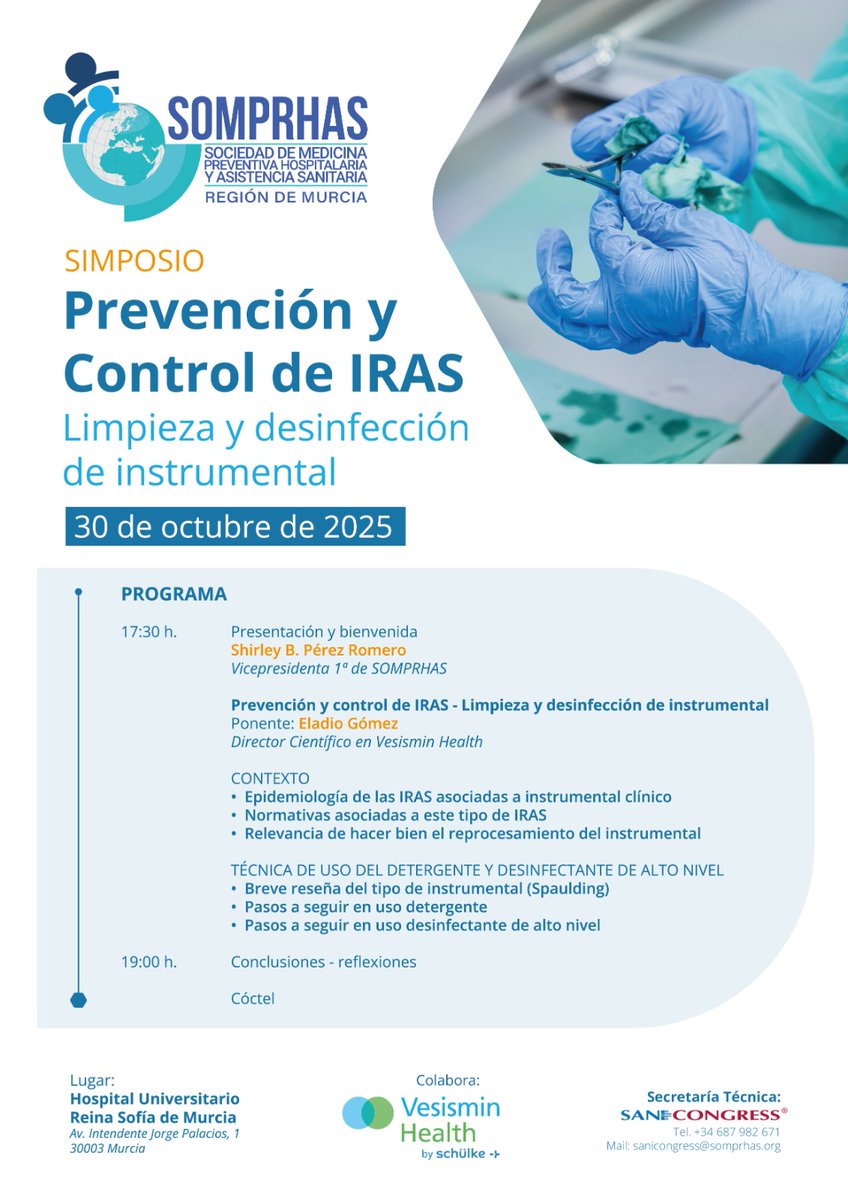 Ya puedes inscribirte en el próximo seminario de #prevención y #control de #IRAS acerca de la #limpieza y #desinfección de instrumental.

🗓️30 octubre 2025
🕟17:30-19:00 
📍HGU Reina Sofía <a href="/Area7ReinaSofia/">Area7ReinaSofía</a> 

Inscripción en: somprhas.org/30octubre