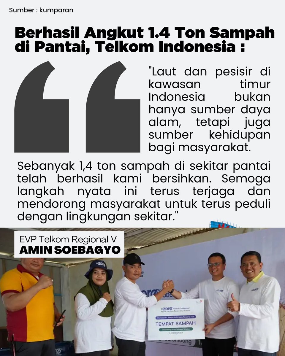 NUpdatehot's tweet photo. Dari Makassar, semangat hijau Telkom bergema 🌿
Program GoZero% Telkom Indonesia sukses kumpulkan 1,4 ton sampah dalam aksi bersih pantai — bukti nyata komitmen menuju lingkungan tanpa jejak karbon.
#berita #telkomforyou #telkomindonesia #gozerotelkom #makassar https://t.co/TkCWKHrcst