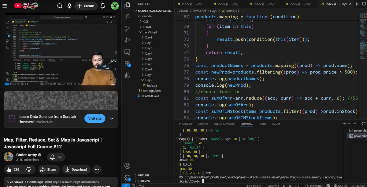Akash77b's tweet image. Day 27 – Learning Filter, Map, Reduce & Data Structures in JavaScript
Explored array methods (filter, map, reduce) and learned how Set & Map make data handling faster and cleaner in JavaScript.
#JavaScript #WebDevelopment #coderArmy #coding #tech #LearningInPublic