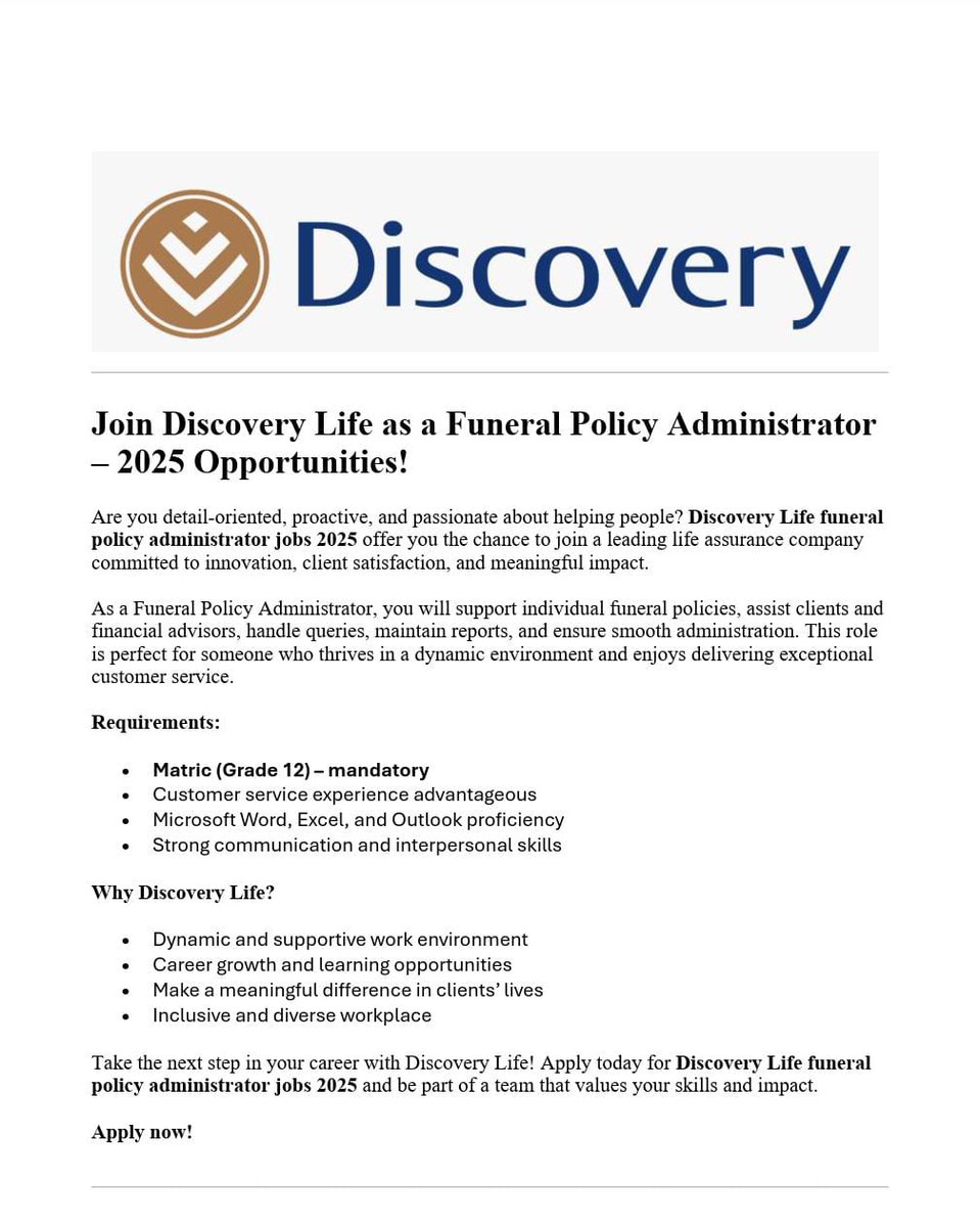 📌Discovery is urgently hiring!

✅ Administrator 

📍Sandton 

Salary: R10,000- R17,000 p/m 

Minimum Requirements:
- Grade 12/ Matric or  or NQF Level 4 equivalent
- Knowledge customer service 
- Computer literate 

Closing Date: Not specified!

Apply ASAP: