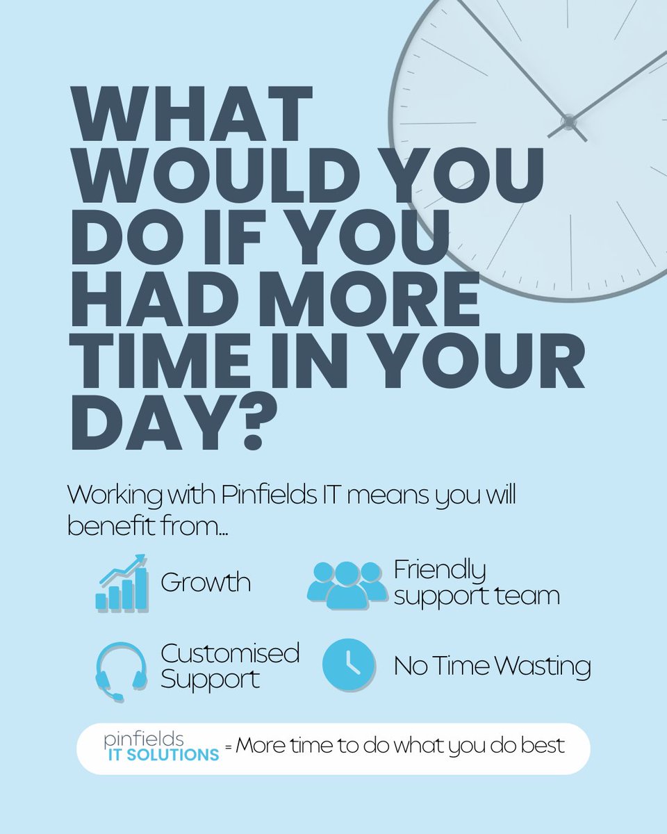 PinfieldsIT's tweet image. Working with us to provide your IT Support will create more time in your day.

You’ll also benefit from being able to pick up the phone or send an email to our friendly support team and receive support that’s custom to your business.

#ITSupportUK #PinfieldsIT #itsupportbenefits