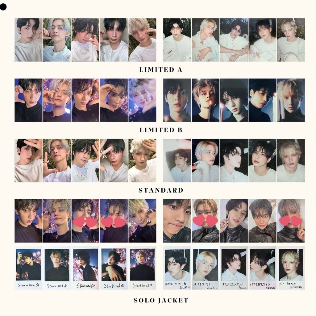 so0binyan's tweet photo. TXT トゥバ starkissed ソロ トレカ 交換

【譲】　ヨンジュン、ボムギュ、
　　　テヒョン、ヒュニンカイ

【求】　画像のもの

郵送または福岡公演での交換希望です🍀
条件合う方いましたらお気軽にお声掛けください🎶 https://t.co/nKg2vOwLM0