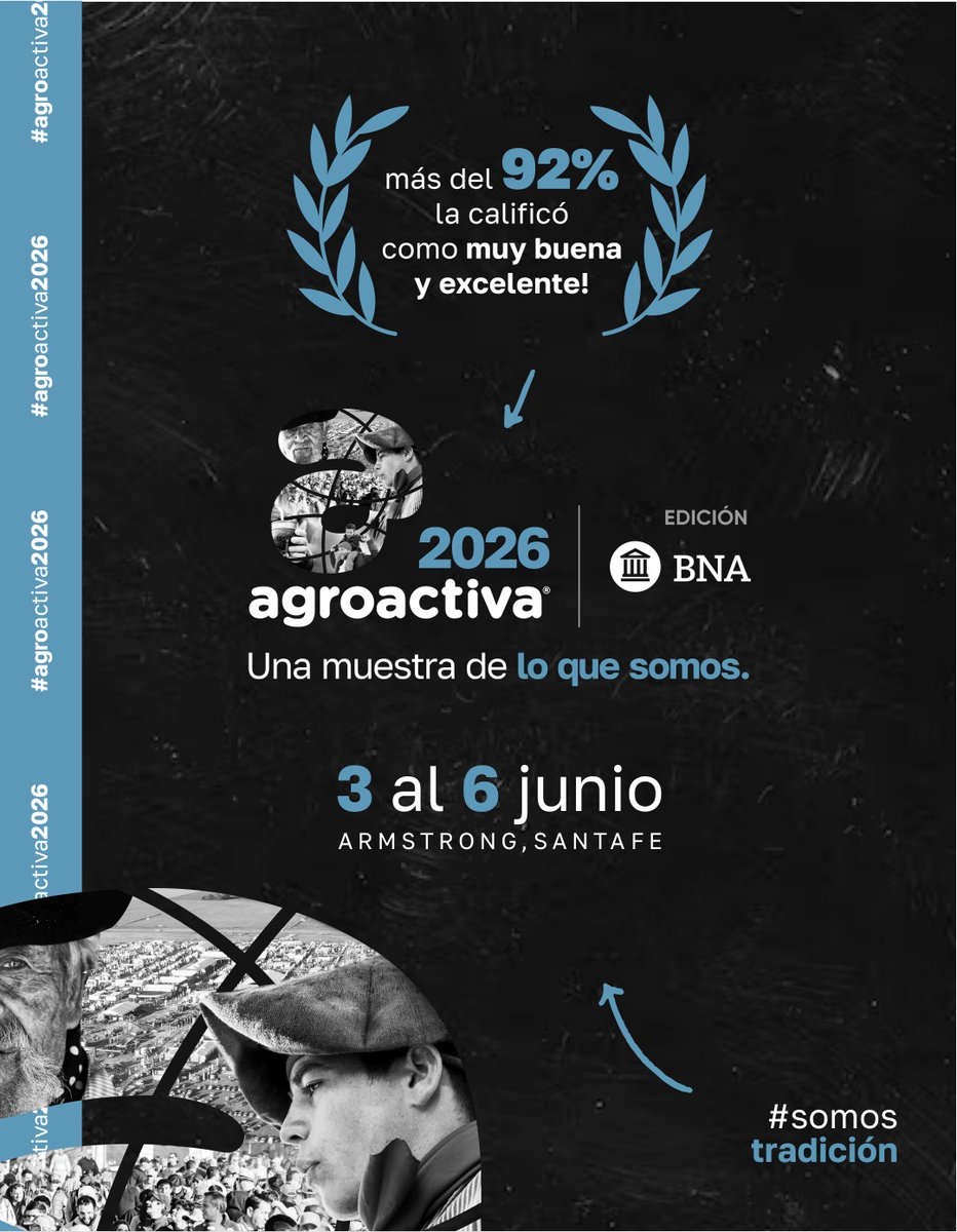Queremos contarte una gran noticia 💚
🌾 Agroactiva 2026 ya tiene fecha:
📍 Armstrong, Santa Fe
🗓 Del 3 al 6 de junio de 2026
Este año llegamos con una nueva campaña
✨ “Una muestra de lo que somos.”
💬Seguí nuestras historias, reels y más info en nuestras redes sociales.
