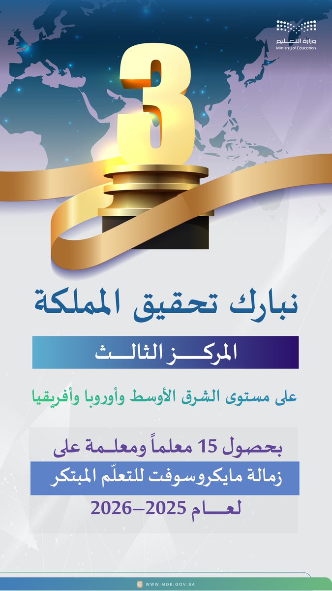 المملكة تحقق المركز الثالث على مستوى الشرق الأوسط وأوروبا وأفريقيا، في عدد المعلمين الحاصلين على زمالة مايكروسوفت للتعلّم المبتكر لعام 2025–2026.