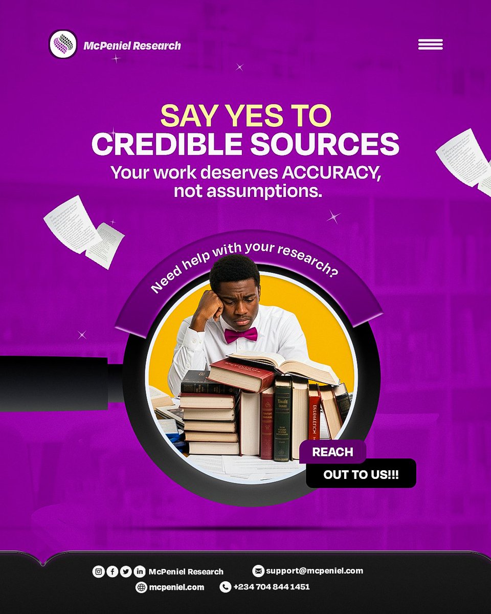 mcp_research's tweet image. Say YES to credible sources — your work deserves truth, not guesswork. 💡
Let McPeniel Research back your project with verified data and professional research support.

👉 Research smart. Research right. DM or Call us on +234 704 844 1451.

#McPenielResearch #SayYesToCredibility