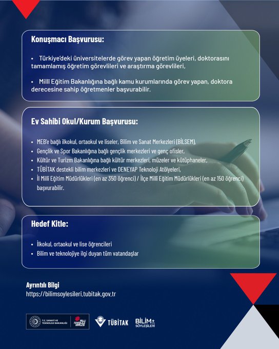 First image displays event title Son Başvuru Tarihi 17 Kasım 2025 17.30 with TÜBİTAK Bilim Söyleşileri logo and text describing program for primary middle and high school students plus citizens interested in science and technology to meet experts in fields like informatics engineering and life sciences. Red and blue accents frame the sections. TÜBİTAK Bilim Söyleşileri badge appears at bottom. Second image outlines speaker qualifications including Turkish university professors and PhD holders for main speakers graduate students for evening sessions and head delegates as experts in science and technology with application link tubitak.gov.tr.