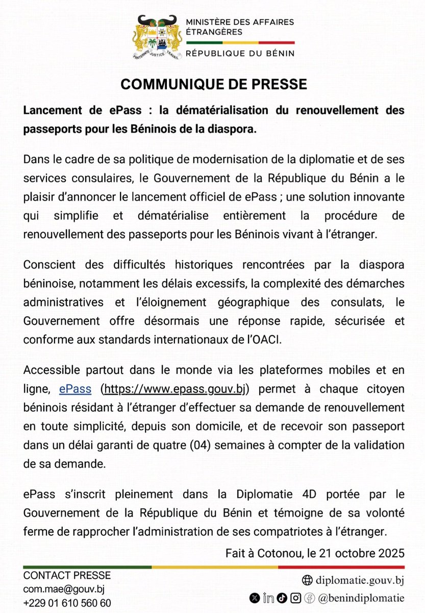 gouvbenin's tweet image. #Gouvbenin | #Wasexo | #BeninDiplomatie | #BeninImmigration | #ePASS |

🇧🇯📢 ePass : Le passeport béninois à portée de clic pour la diaspora

Le @gouvbenin lance ePass, une plateforme innovante qui dématérialise le renouvellement des passeports pour les Béninois résidant à…