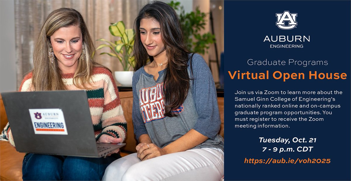 It's not too late to sign up! Learn more about <a href="/AuburnEngineers/">Auburn University Ginn College of Engineering</a> graduate programs --- no shoes required. Participants can ask questions about specific programs of interest, including all disciplines and both on-campus and online options. aub.ie/voh2025