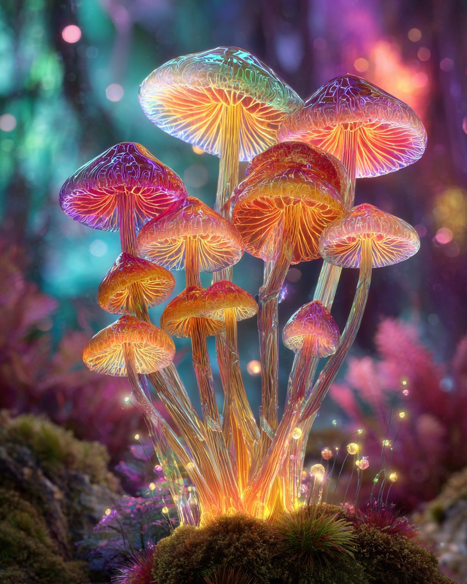 Psilocybin as a stained glass cathedral. Transparent caps showing internal structure, stems conducting light like fiber optics. The medicine doesn't hide what it is—every gill visible, every vein illuminated. Honesty through translucency.
#SacredMushrooms #PsychedelicNature
