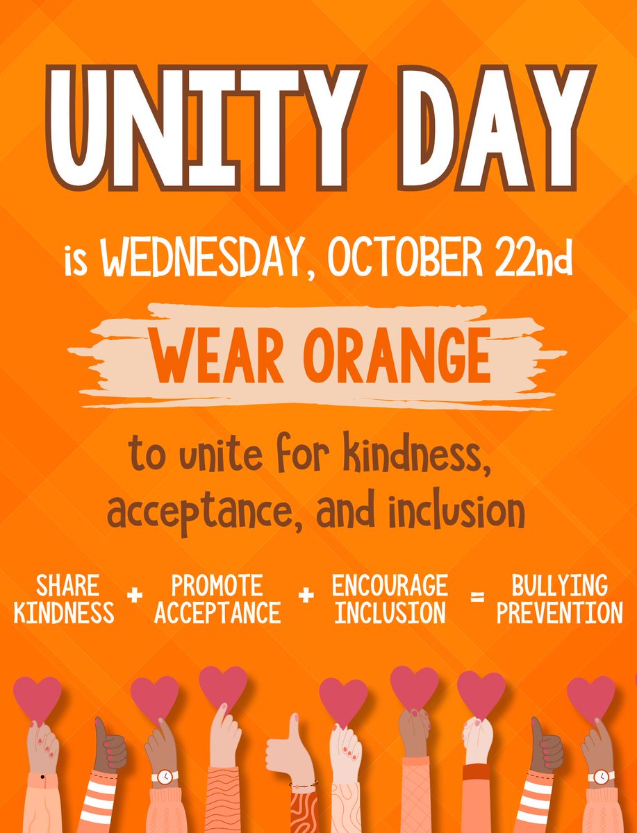 Tomorrow is UNITY DAY! Wear orange to show unity for kindness, acceptance, and inclusion as part of National Bullying Prevention Month 🧡🤝 #TeamWheeler <a href="/WheelerAvenue/">Wheeler Avenue School</a> <a href="/VS13UFSD/">ValleyStream13UFSD</a>