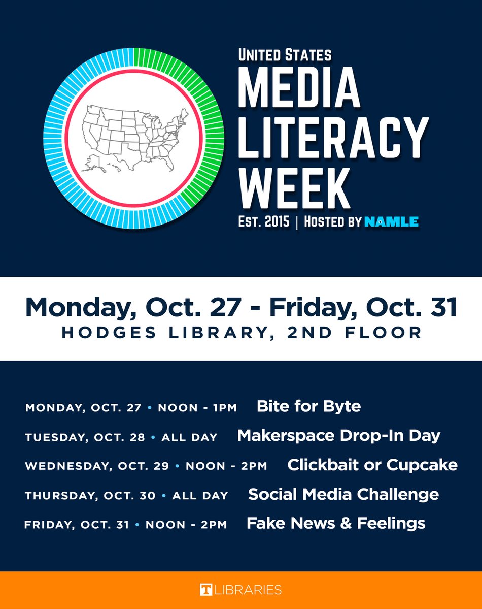 UTKLibraries's tweet image. 📚 Media Literacy Week is coming up Oct. 27–31!
Join UT Libraries for a full week of events exploring how we access, analyze, evaluate, create, and act in a media-rich world.
📍 Hodges Library, 2nd Floor