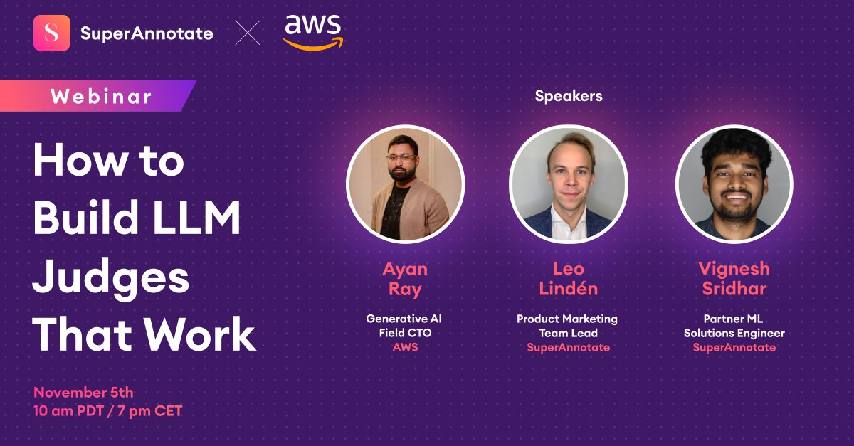 superannotate's tweet image. 📣 Join SuperAnnotate and @awscloud for a deep dive on building reliable, scalable LLM Judge systems.
See how top AI teams use AWS Bedrock + human-in-the-loop review on SuperAnnotate to boost evaluation accuracy.
👉 Register now: superannotate.com/webinar