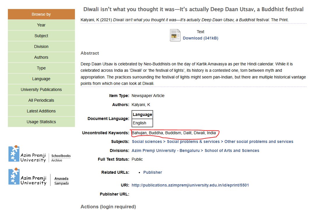 thatindicmonk's tweet image. Azim Premji University is sponsoring ambedkarites to write fake literature on why #दीपावली is actually Deep Daan Utsav. This is how propaganda on Diwali is made. 
Research in Academia then reaches the ground and memes/videos are made about it popularizing this notion.