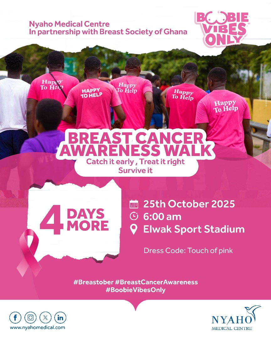 Walk for a cause with #BoobieVibesOnly! Join us this Sat, 25th Oct, 6am at Elwak Stadium for the Nyaho Breast Cancer Awareness Walk with Breast Society of Ghana. Let’s walk, laugh &amp; spread love in pink!  #BoobieWalk  #BSG #Nyaho