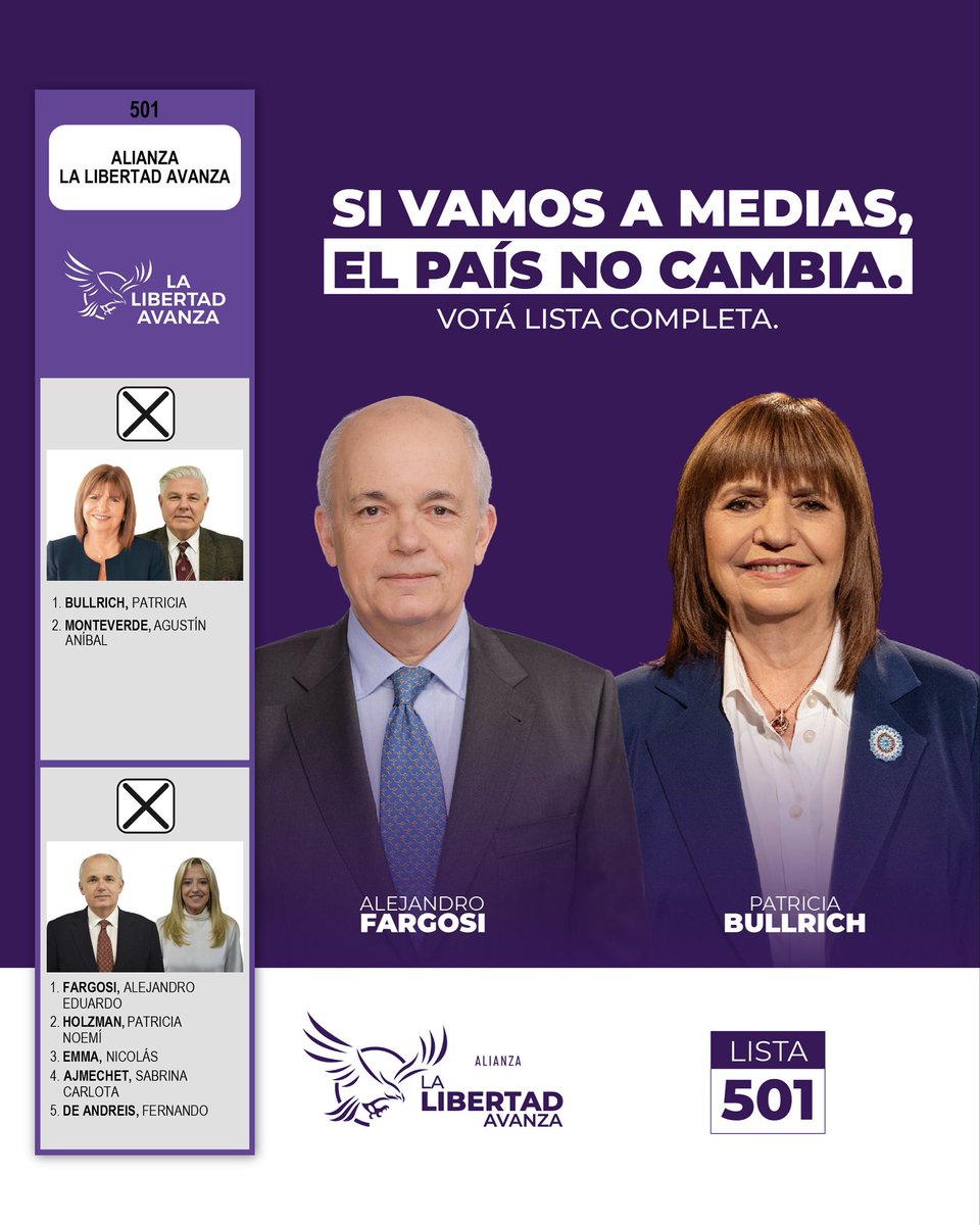 LLA_CABA's tweet image. SI VAMOS A MEDIAS, EL PAÍS NO CAMBIA

Este 26 de Octubre vota a @patobullrich y @fargosi.