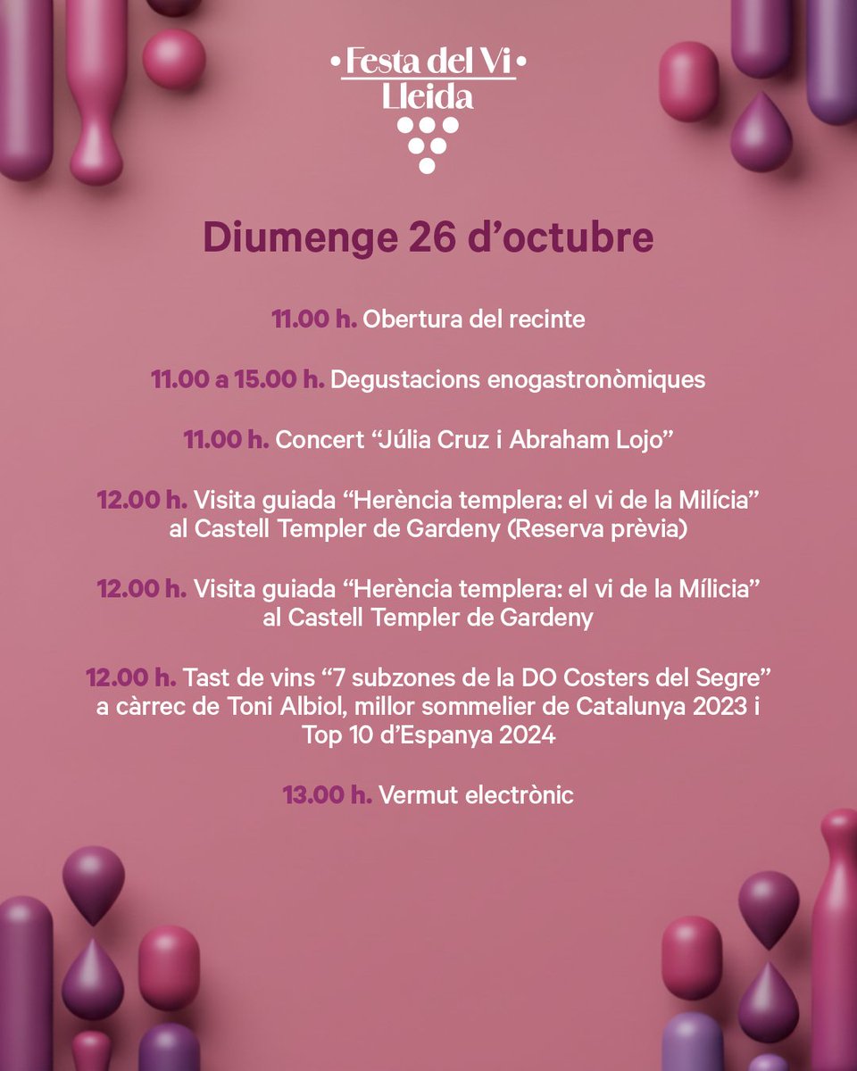 Arriba la Festa del Vi de Lleida! 
 
T'esperem aquest cap de setmana a la Plaça de la Llotja de Lleida! Gaudirem dels vins de la <a href="/DO_CostersSegre/">DO Costers del Segre</a> i de la gastronomia local