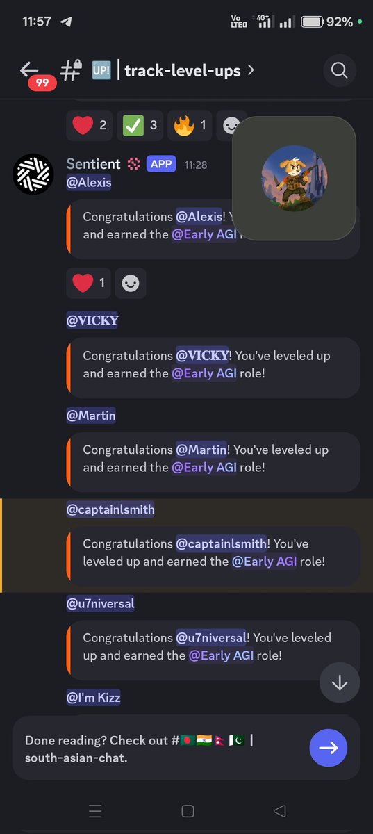 0xRusaa's tweet image. Got promoted to early AGI in the sentient discord server today! @SentientAGI 

It's been such a fun and inspiring journey learning, Contributed for two months, producing 58+ artworks,and connecting with some of the brightest minds in the open-source AGI space.