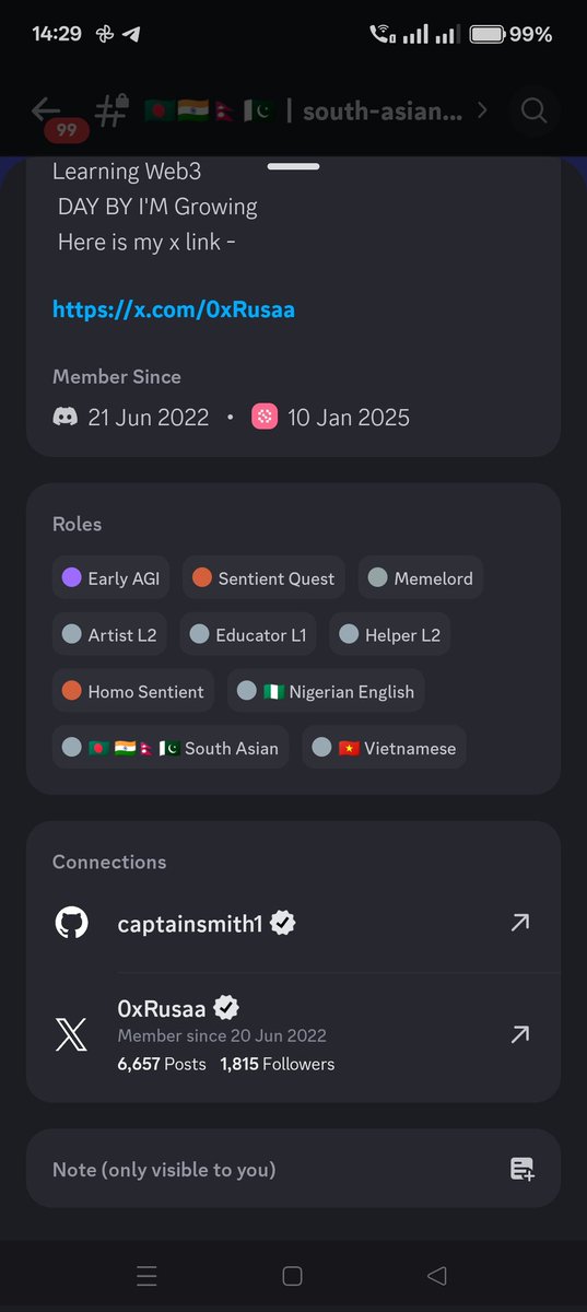 0xRusaa's tweet image. Got promoted to early AGI in the sentient discord server today! @SentientAGI 

It's been such a fun and inspiring journey learning, Contributed for two months, producing 58+ artworks,and connecting with some of the brightest minds in the open-source AGI space.