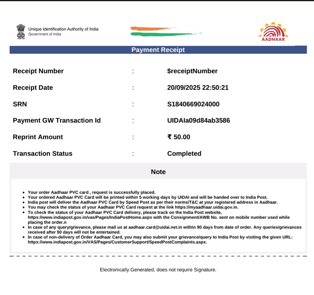 Bajrangikanojia's tweet image. @Aadhaar_Care @UIDAI
I ordered my Aadhaar PVC card on 20.09.25, but it’s still not printed or dispatched. It’s been a month now. Please update the status. #Aadhaar #UIDAI