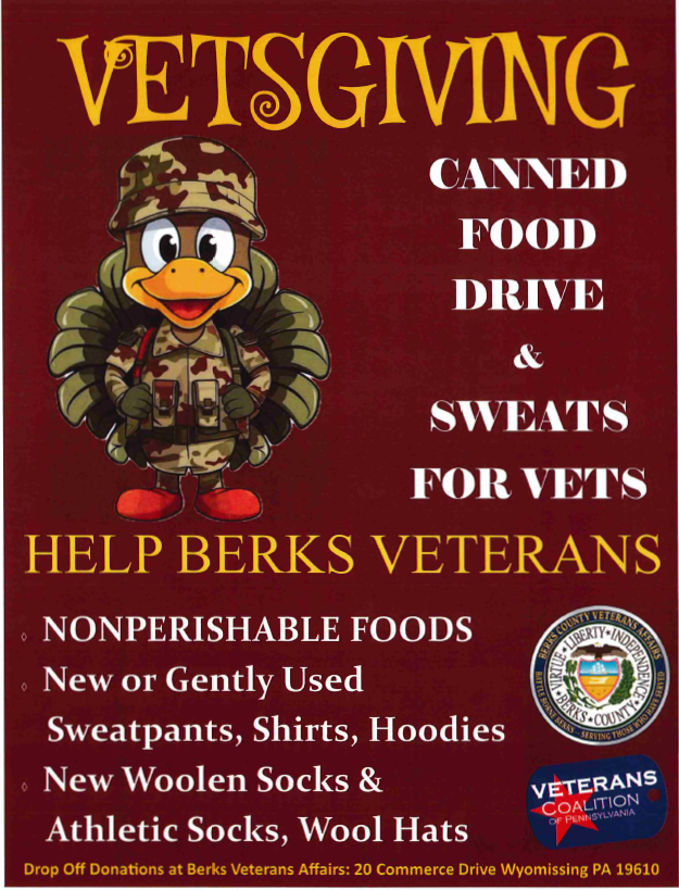 Please help us collect donations of non-perishable foods, sweatpants, sweatshirts, hoodies, new wool socks and wool hats for our #BerksCountyVeterans. Drop off at our office or theirs!