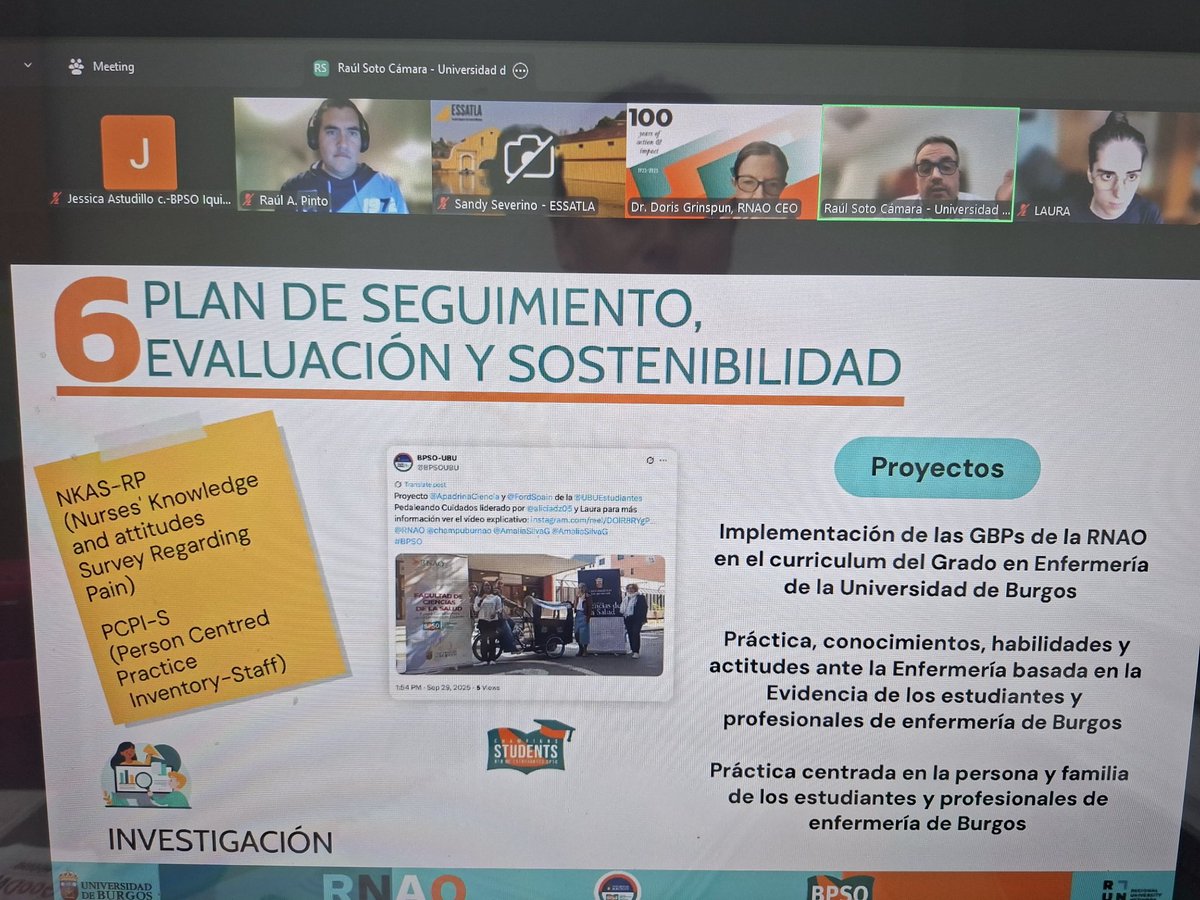 #BPSO <a href="/Hospitaliquique/">Hospital de Iquique</a>  es el turno  del Dr. Raúl Soto  presentando los avances de la Universidad de Burgos en Consorcio Iberoamericano.
<a href="/DorisGrinspun/">Dr. Doris Grinspun 🇨🇦 RN, PhD, FAAN, O.ONT</a> 
<a href="/TiarePavez/">Tiare Pavez Hurtado</a> 
<a href="/rpintornao/">@RaulPintoRNAO</a>