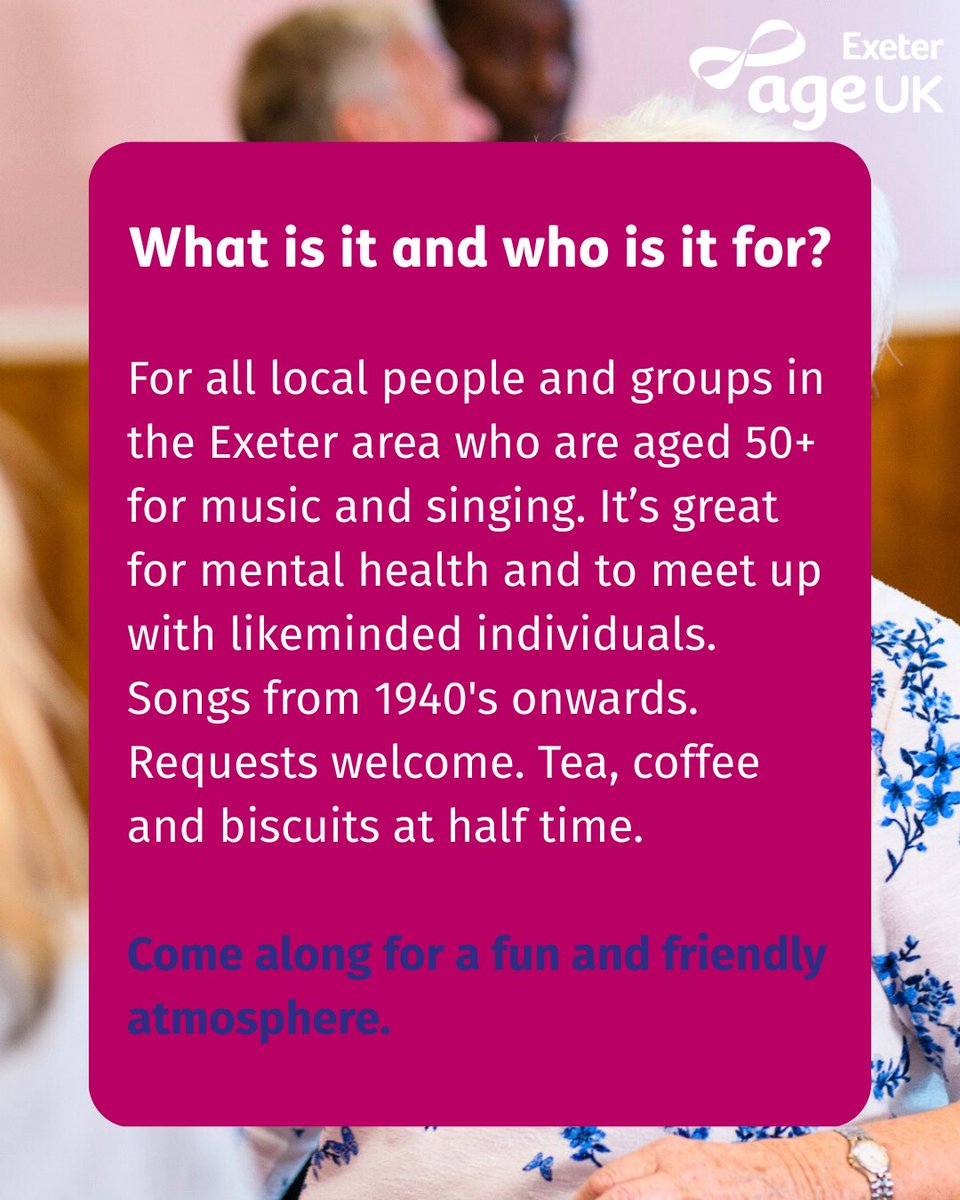AgeUKexeter's tweet photo. 🎶 Love to sing? Join our bi-weekly Singalong at Age UK Exeter! Warm voices, friendly faces, and classic tunes to lift your spirits.  Come make some joyful noise! All welcome aged 50+

Or book tickets here > https://t.co/3VlF603Gf7 
#ExeterEvents #Singalong #AgeUKExeter https://t.co/Hri0kHbHDT