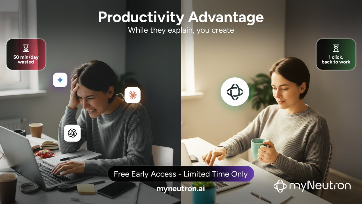 Vanarchain's tweet image. While they re-explain the same prompt for the fifth time, youāre already creating.
Thatās the productivity advantage of memory.
With myNeutron.ai, your AI always remembers where you left off, no context lost, no time wasted.
Are you already using myNeutron?
If not,ā¦