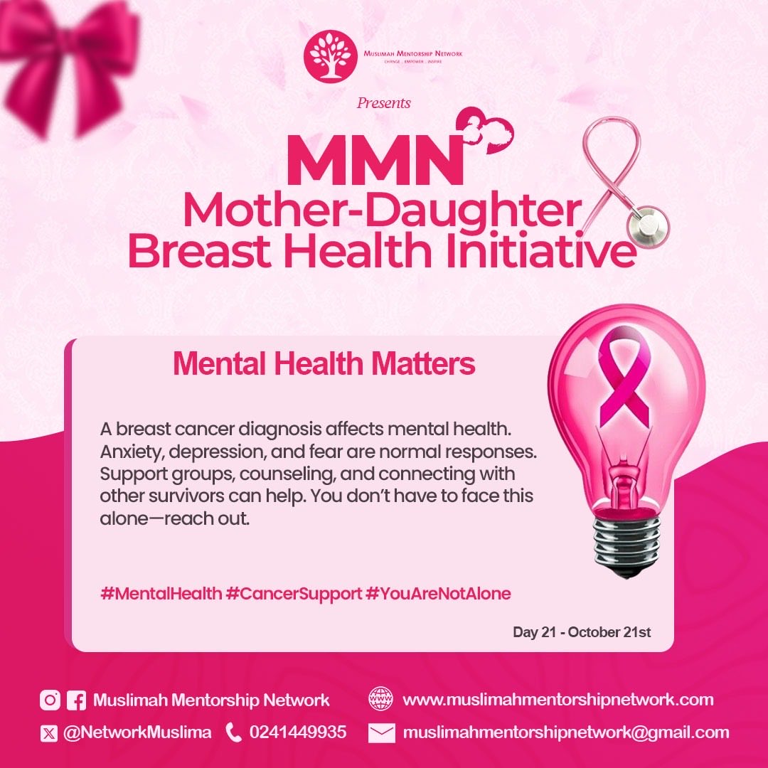 NetworkMuslima's tweet image. A breast cancer diagnosis affects mental health. Anxiety, depression, and fear are normal responses. Support groups, counseling, and connecting with other survivors can help. You don’t have to face this alone—reach out.

#MentalHealth #CancerSupport #YouAreNotAlone