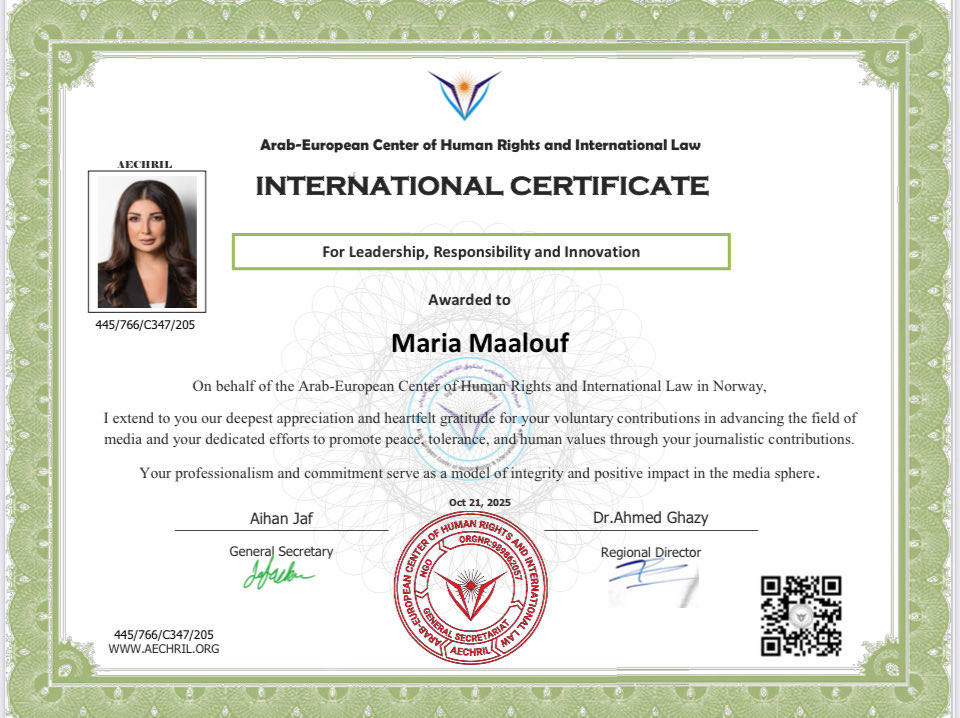 Honored to receive the International Certificate for Leadership, Responsibility &amp; Innovation from the Arab-European Center of Human Rights and International Law in Norway 🇳🇴

Grateful for this recognition of my work promoting peace, tolerance &amp; human values through media.