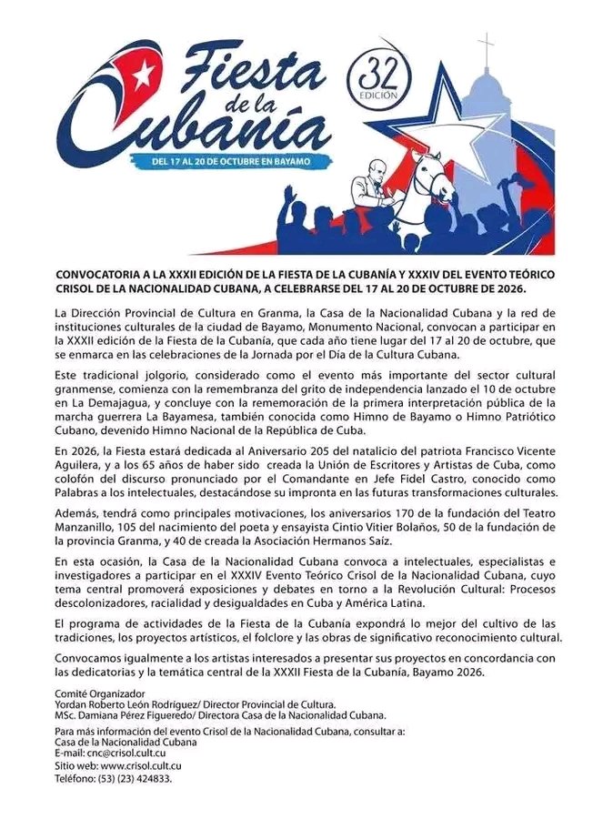Javierol89's tweet photo. #CulturaGranma convoca a la joven Edición 32 de la FiestaDeLaCubanía2026. https://t.co/ZpfwaH3Mo3