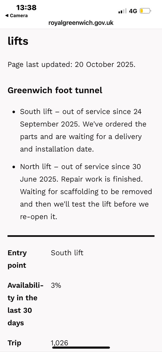 Lifts have been out of service much longer than those dates provided by Greenwich Council’s website. The scaffolding was removed two days ago from GFT north entrance. And now they’re waiting for parts for the south lift.  Have <a href="/LiftPrecision/">Precision Lift Services Ltd</a> <a href="/Royal_Greenwich/">Royal Borough of Greenwich</a> identified the parts
