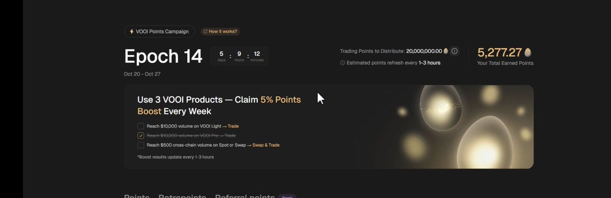Xazrael2's tweet photo. I am deep in the @vooi_io farm right now for this new epoch. I am focusing my volume on Vooi Pro and managed to stack up over 5,300 points just on the first day.
​The fees on Pro are definitely noticeable, they are not cheap. But I really believe this farm is going to be worth the cost.
​My strategy is about the double reward. I am farming hard for the main Vooi airdrop, but all this activity is also building my signal and earning cSnaps on Cookie. That dual potential makes the higher fees feel like a necessary investment. I am continuing to push volume.