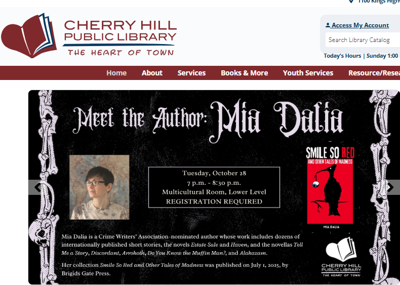 Dalia_Verse's tweet photo. One week from now, I rock my beloved Cherry Hill Public Library with some October-y scares!
You are all cordially invited!
Register @ https://t.co/luATfL9HMN
#miadalia #daliaverse #authorevent #reading #signing #libraryevent #horror #freeevent https://t.co/WPFpF2qfN7