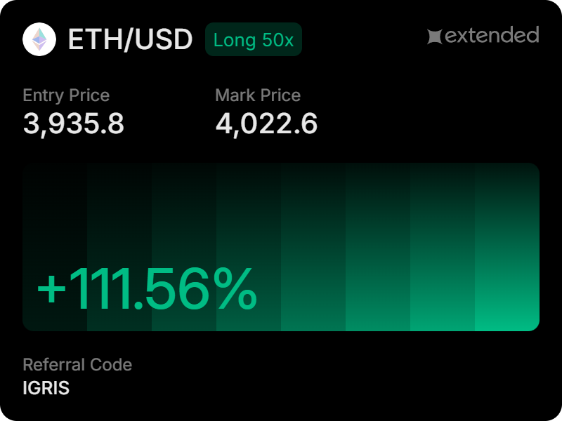 Missed the limit on btc 
Entered at market on eth 
TP: 4400$
Use my link if you wanna farm Extended-- still easy to farm 
app.extended.exchange/join/IGRIS