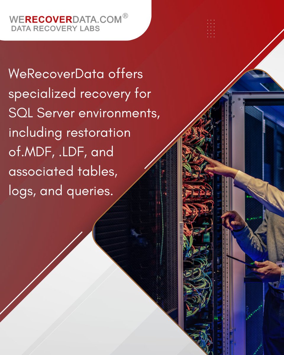 WeRecoverData's tweet image. A corrupted SQL database can disrupt your entire organization. WeRecoverData offers specialized recovery for SQL Server environments, including restoration of.MDF, .LDF, and associated tables, logs, and queries. We help businesses restore continuity, fast.