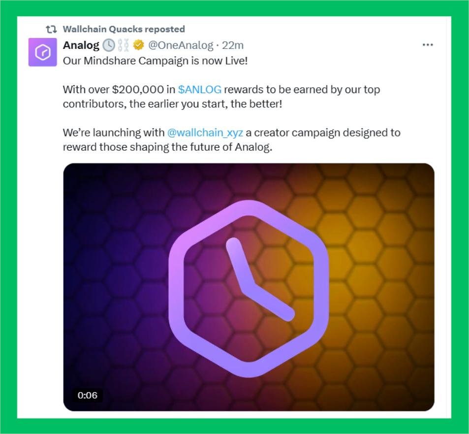 New project new quacks!! 🦆

<a href="/OneAnalog/">Analog 🕓⛓️</a> Mindshare Leaderboard is LIVE and it's juicy 👀

- $200K in $ANLOG over 4 months 
- $50K/month 
- Top 80 guaranteed &amp; 10 random from 81-300

Cross-chain messaging is broken. Analog is the translator fixing it 

gAnlog 🤝 gQuack